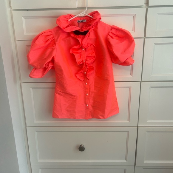 Batsheva brand Taffeta Ruffle Bow Pearl Button Down Blouse - Picture 1 of 7